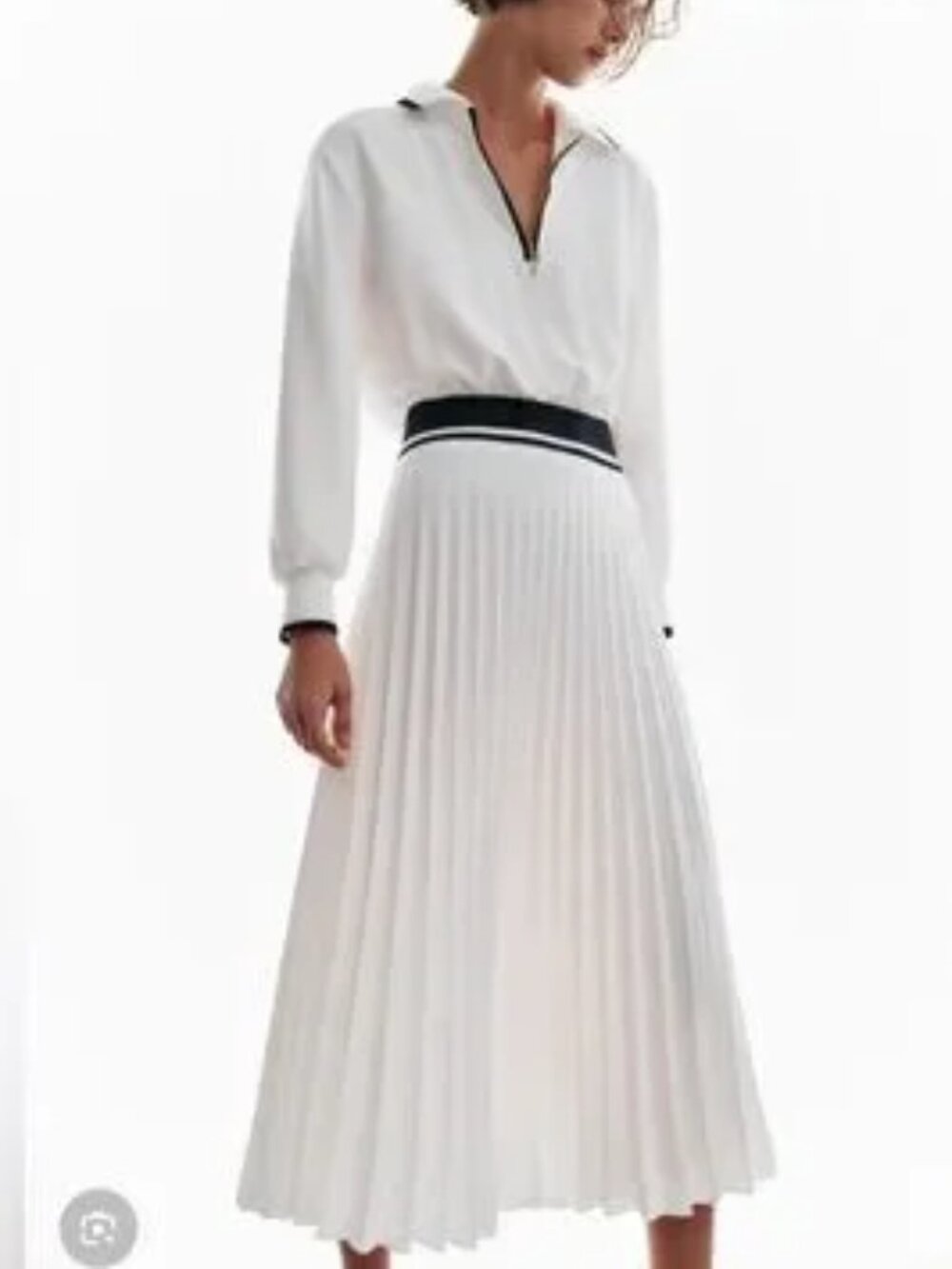 Zara White Pleated Maxi Dress with Black Contrast Waistband Sz M